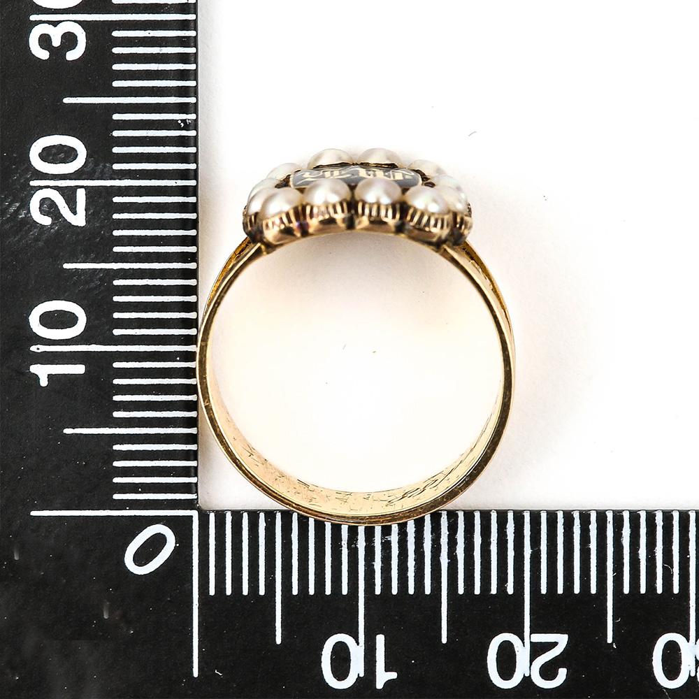 Victorian In Memory Of 18k Gold, Black Enamel and Pearl Mourning Ring circa 1885 7