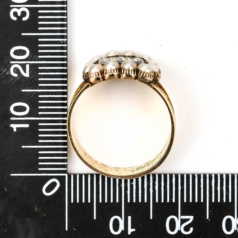 Victorian In Memory Of 18k Gold, Black Enamel and Pearl Mourning Ring circa 1885 For Sale 11
