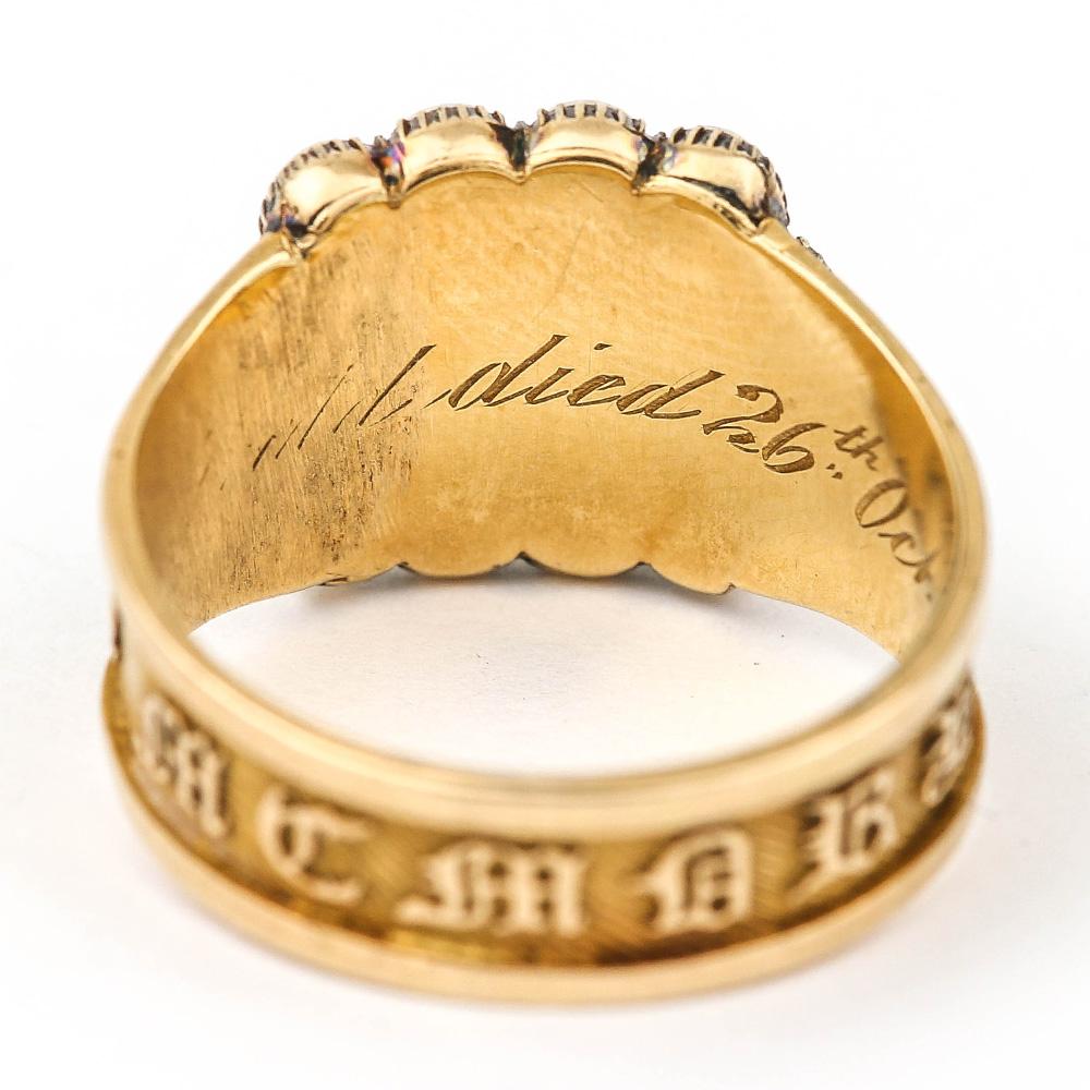Women's or Men's Victorian In Memory Of 18k Gold, Black Enamel and Pearl Mourning Ring circa 1885