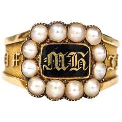 Victorian In Memory Of 18k Gold, Black Enamel and Pearl Mourning Ring circa 1885