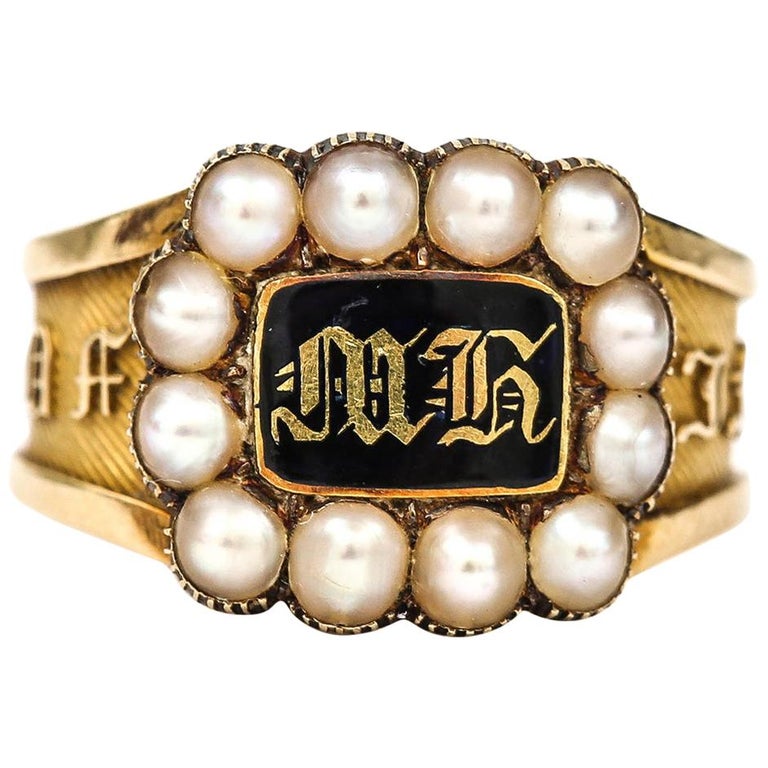 Victorian In Memory Of 18k Gold, Black Enamel and Pearl Mourning Ring circa 1885 For Sale