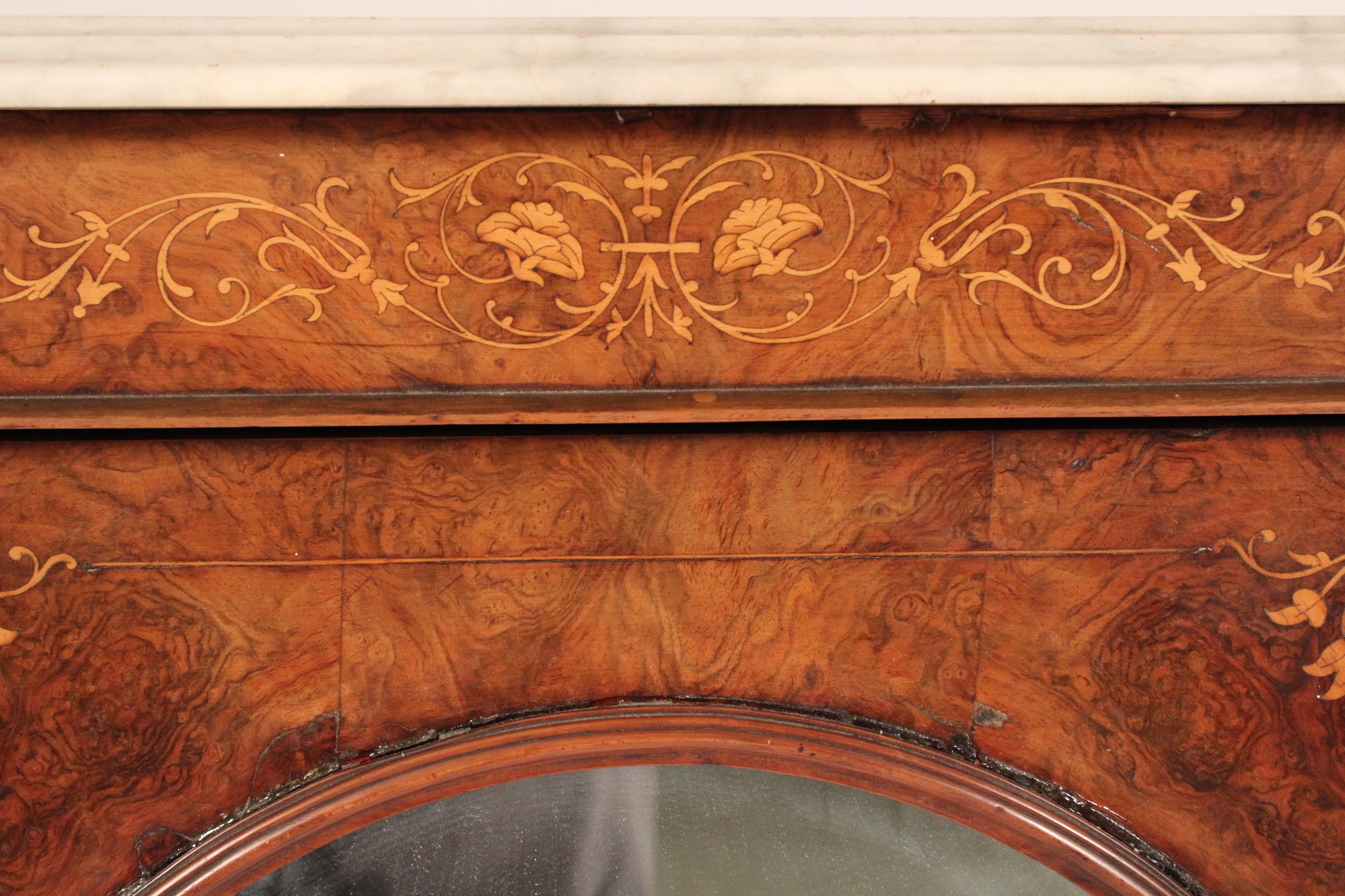 Victorian Inlaid burl Walnut Sideboard With Marble Top For Sale 4