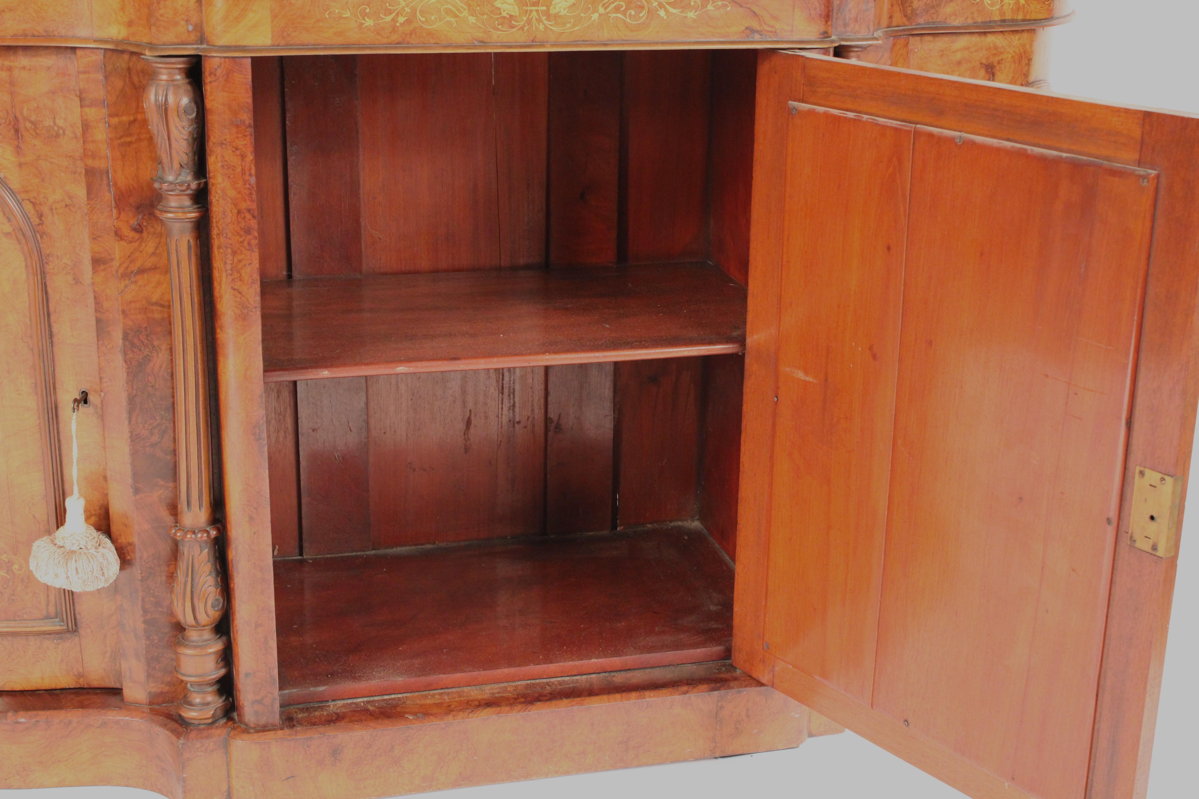 Victorian Inlaid burl Walnut Sideboard With Marble Top For Sale 6