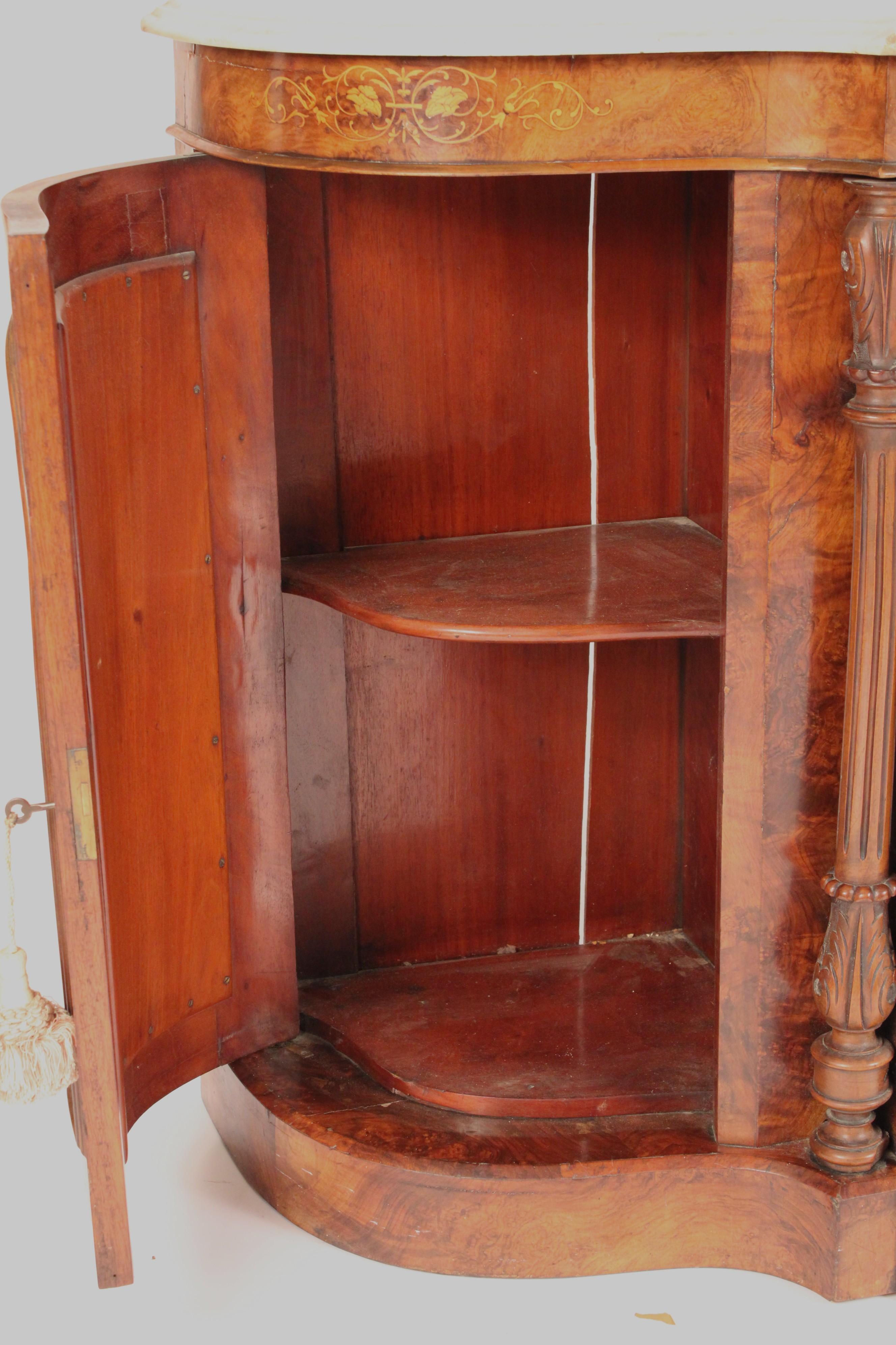 Victorian Inlaid burl Walnut Sideboard With Marble Top For Sale 7