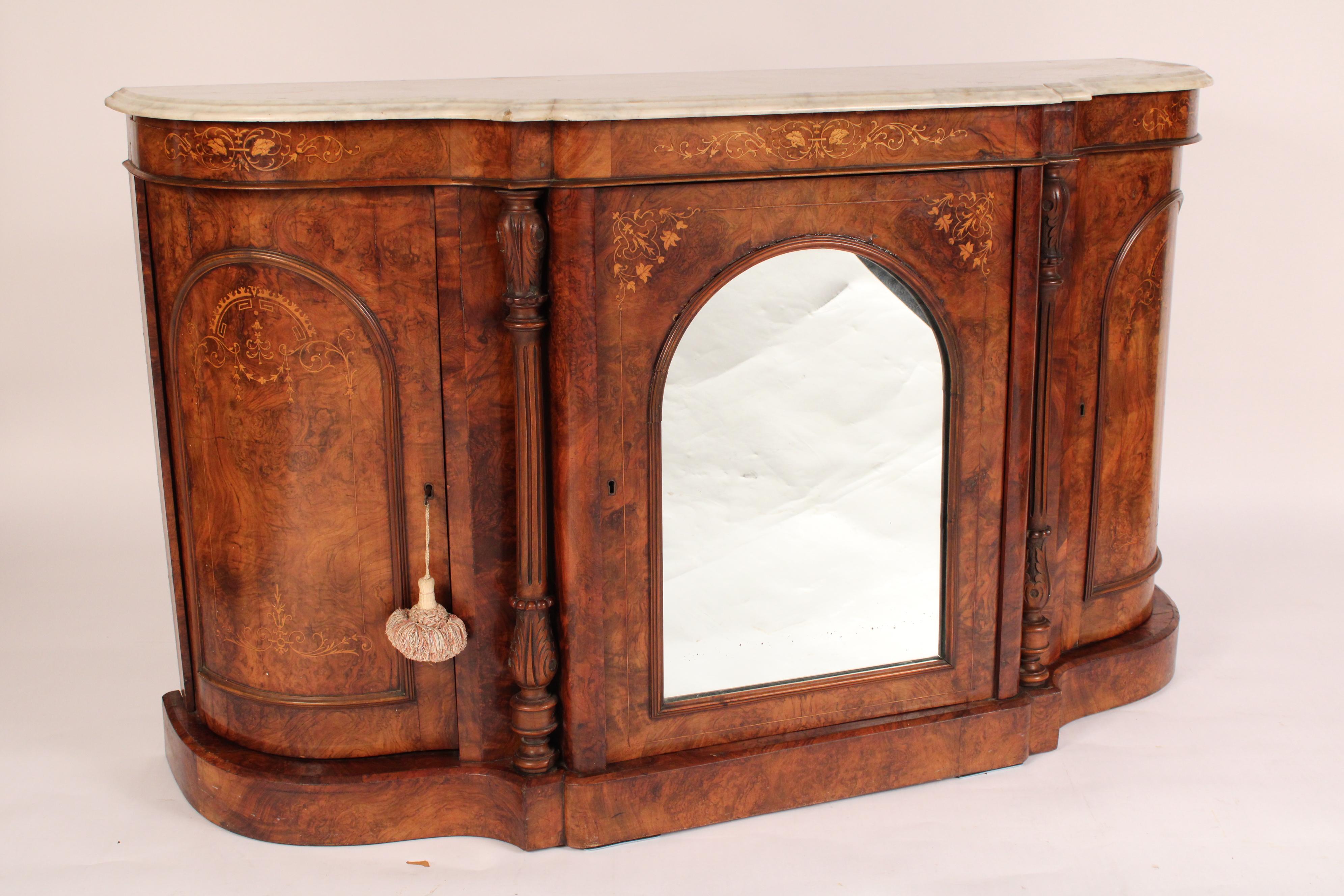 English Victorian Inlaid burl Walnut Sideboard With Marble Top For Sale