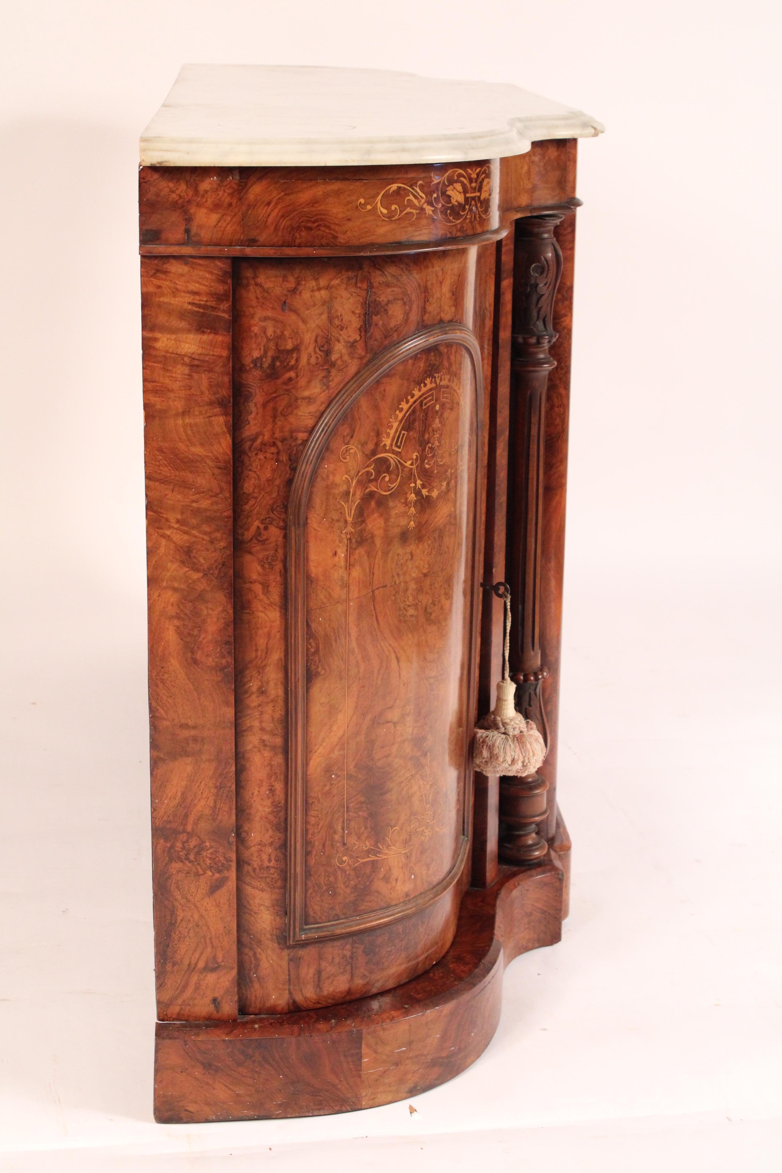 Victorian Inlaid burl Walnut Sideboard With Marble Top In Good Condition For Sale In Laguna Beach, CA