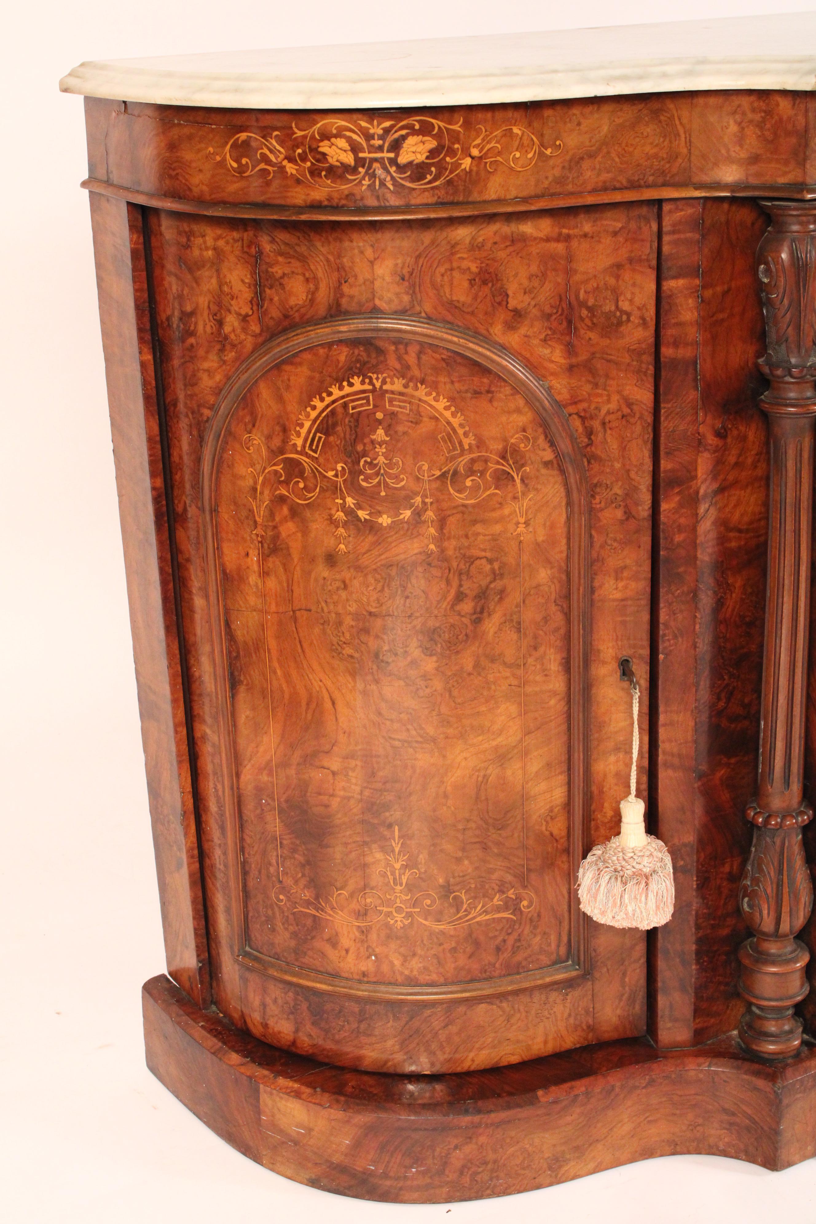 Victorian Inlaid burl Walnut Sideboard With Marble Top For Sale 1
