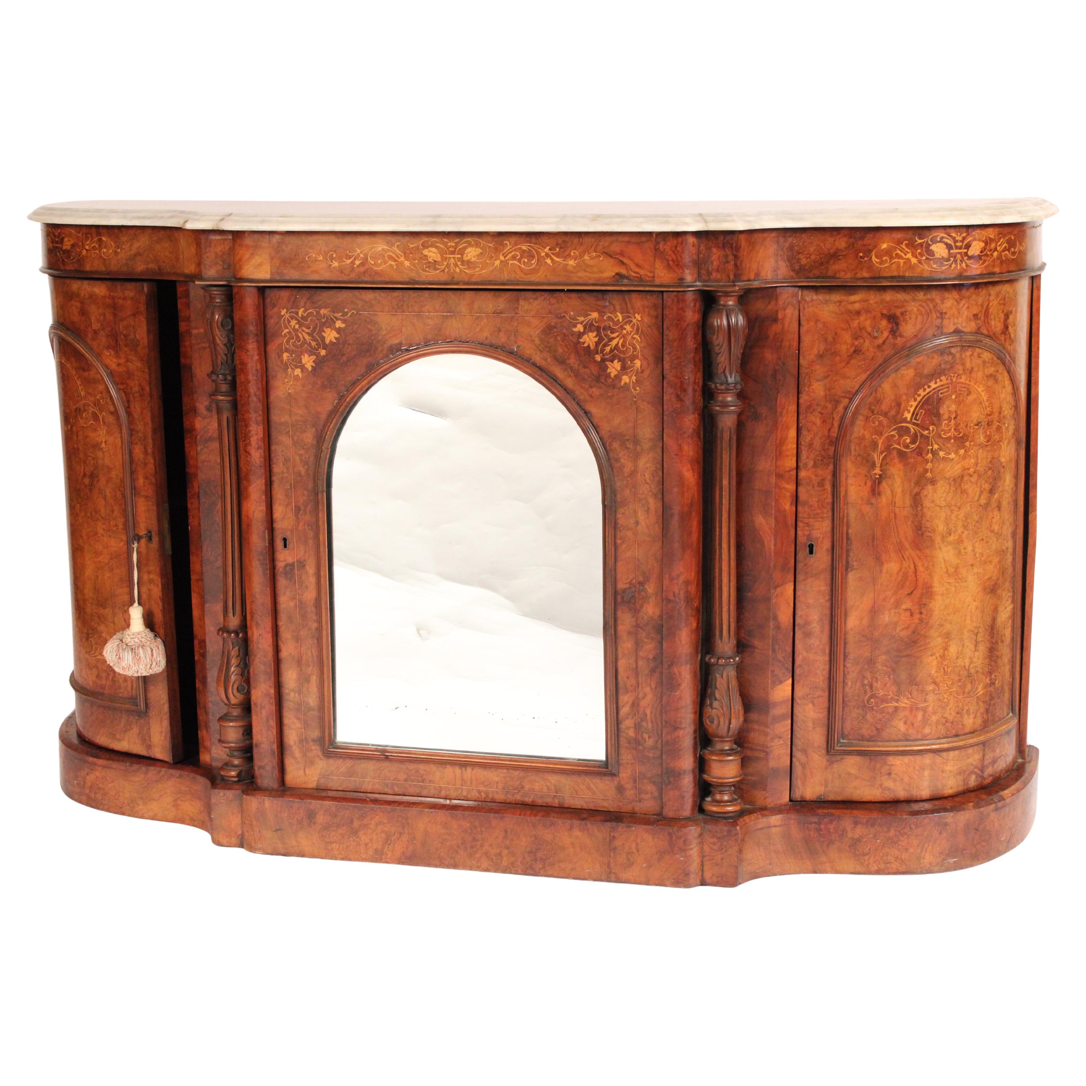 Victorian Inlaid burl Walnut Sideboard With Marble Top For Sale
