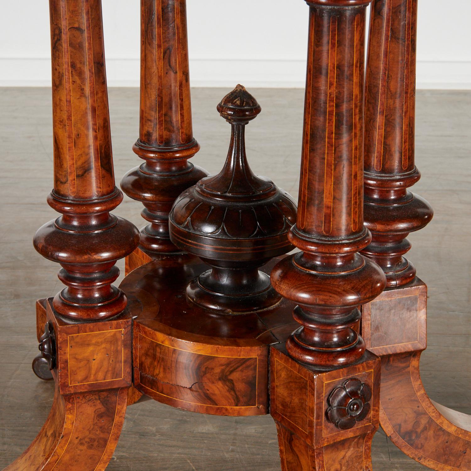 English Victorian Inlaid Burr Walnut Tilt Top Oval Breakfast Table Ex. Diamond Baratta