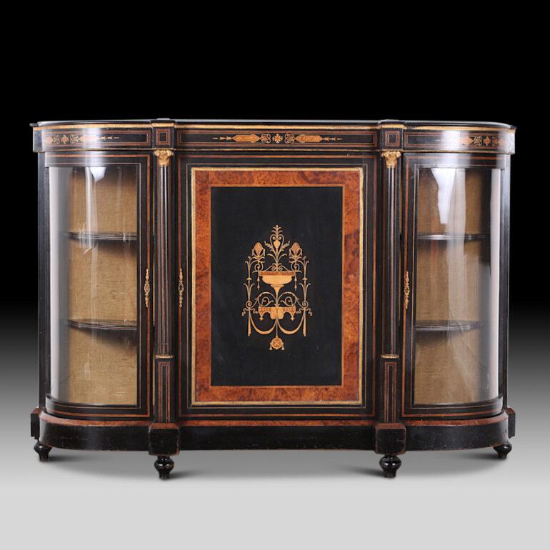 Victorian inlaid + ebonized cabinet with gilt mounts.