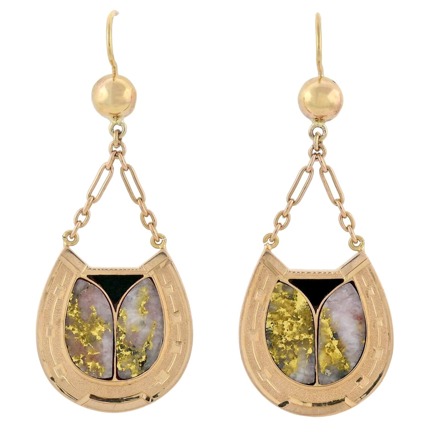 Victorian Inlaid Gold-in-Quartz and Agate Horseshoe Earrings