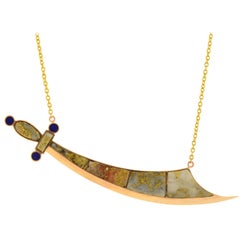 Victorian Inlaid Gold Quartz and Lapis Saber Sword Pendant Necklace