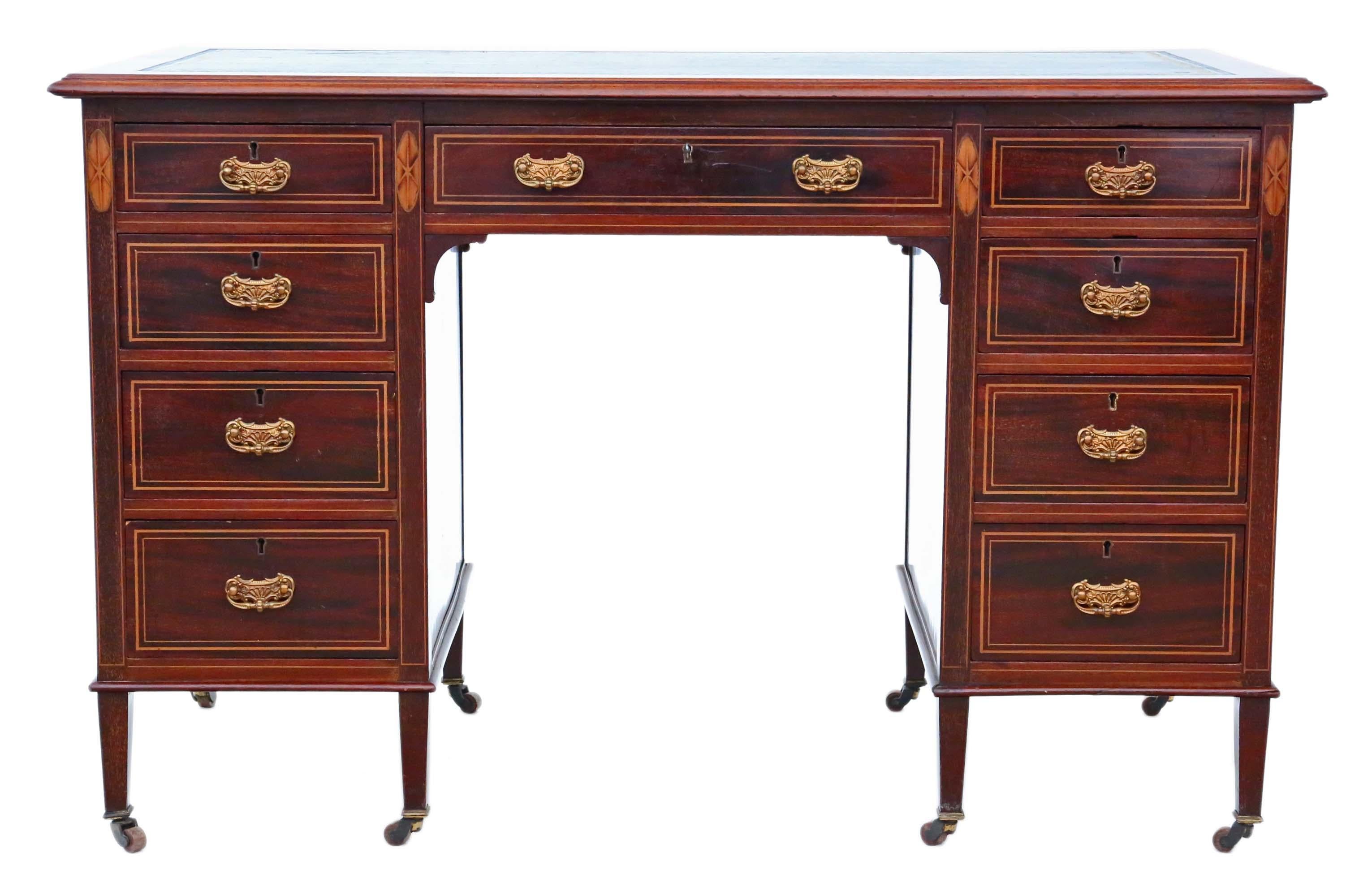 Antique exceptionally fine quality Victorian inlaid mahogany twin pedestal desk by JAS Schoolbred (famous London Maker), circa 1880.
This is a lovely quality piece, that is full of age, charm and character. Patinated tooled leather top.
Solid with