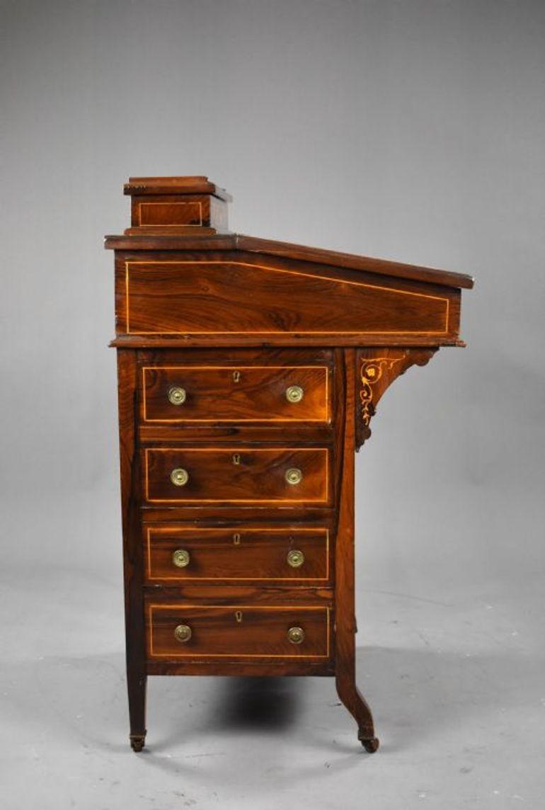 Viktorianischer Davenport-Schreibtisch mit Intarsien aus Rosenholz im Angebot 4