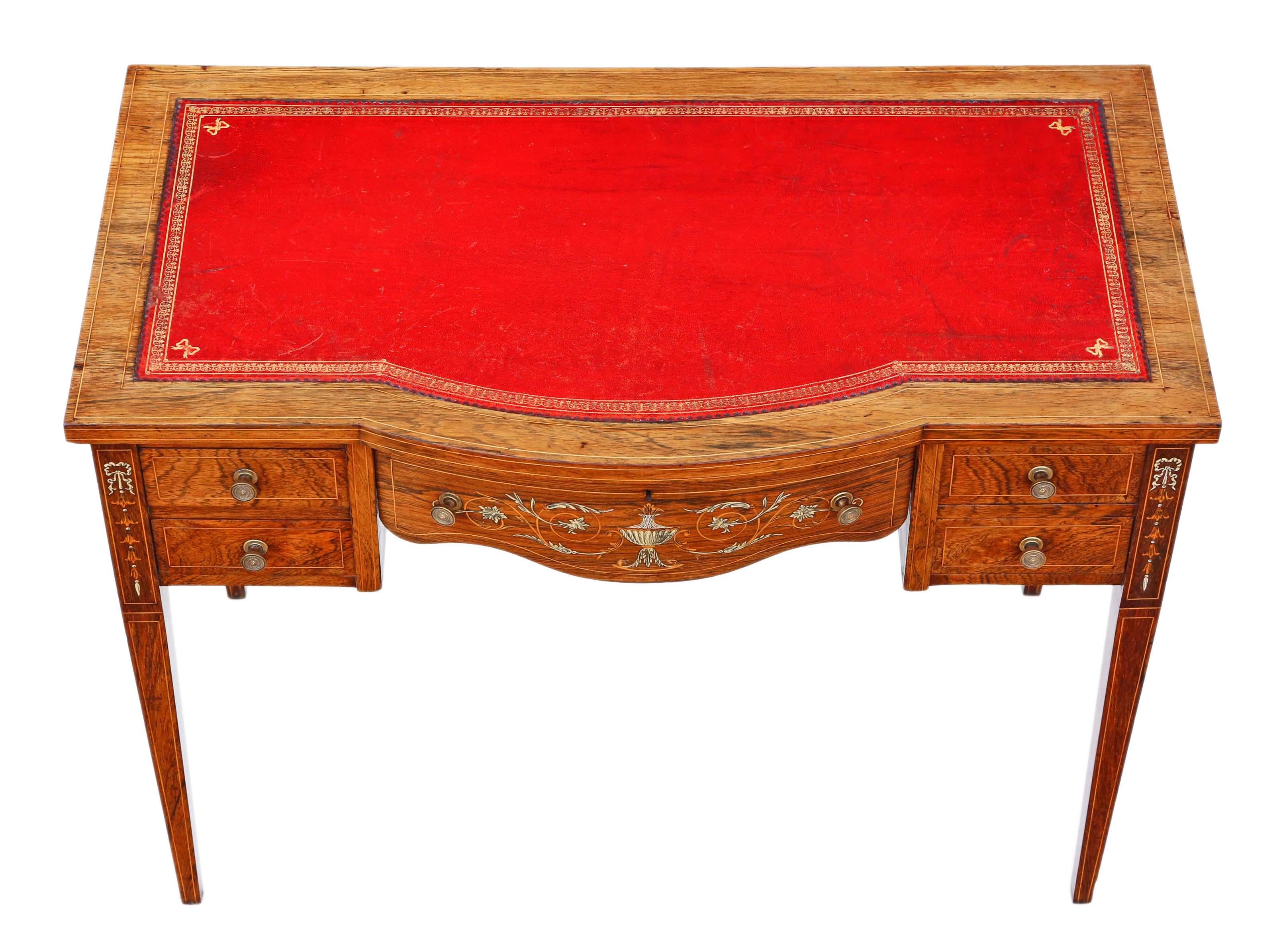 Antique fine quality small (ladies) Victorian inlaid rosewood desk, writing or dressing table.
This is a lovely quality piece that is full of age, charm and character. Early patinated leather top.
Solid, heavy and with no loose joints, a very rare