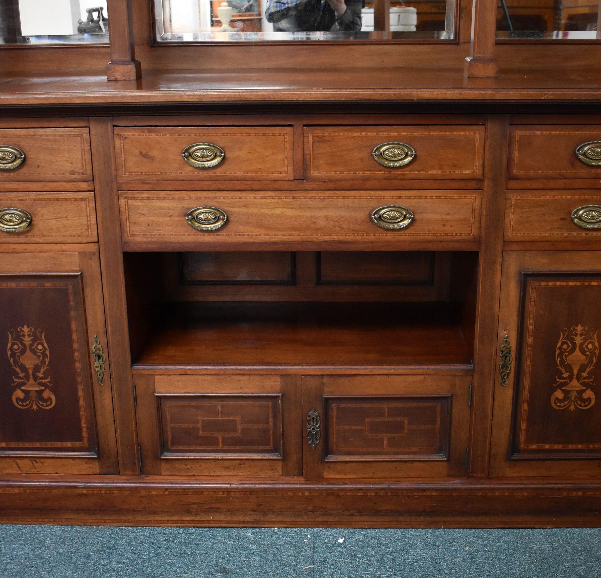 19th Century Victorian Inlaid Walnut Mirror Back Sideboard For Sale