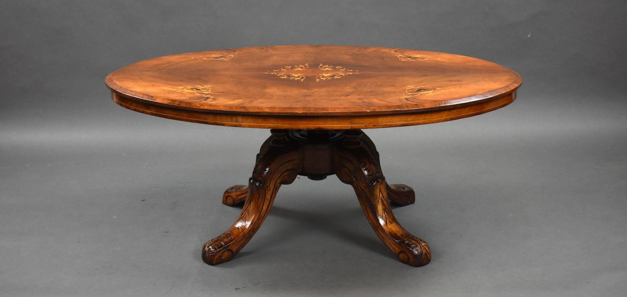 For sale is a Victorian figured walnut coffee table, having a strung and inlaid top, above four turned supports, raised on carved legs, this piece remains in excellent condition for its age.

Width: 116cm x 86cm x 47cm
