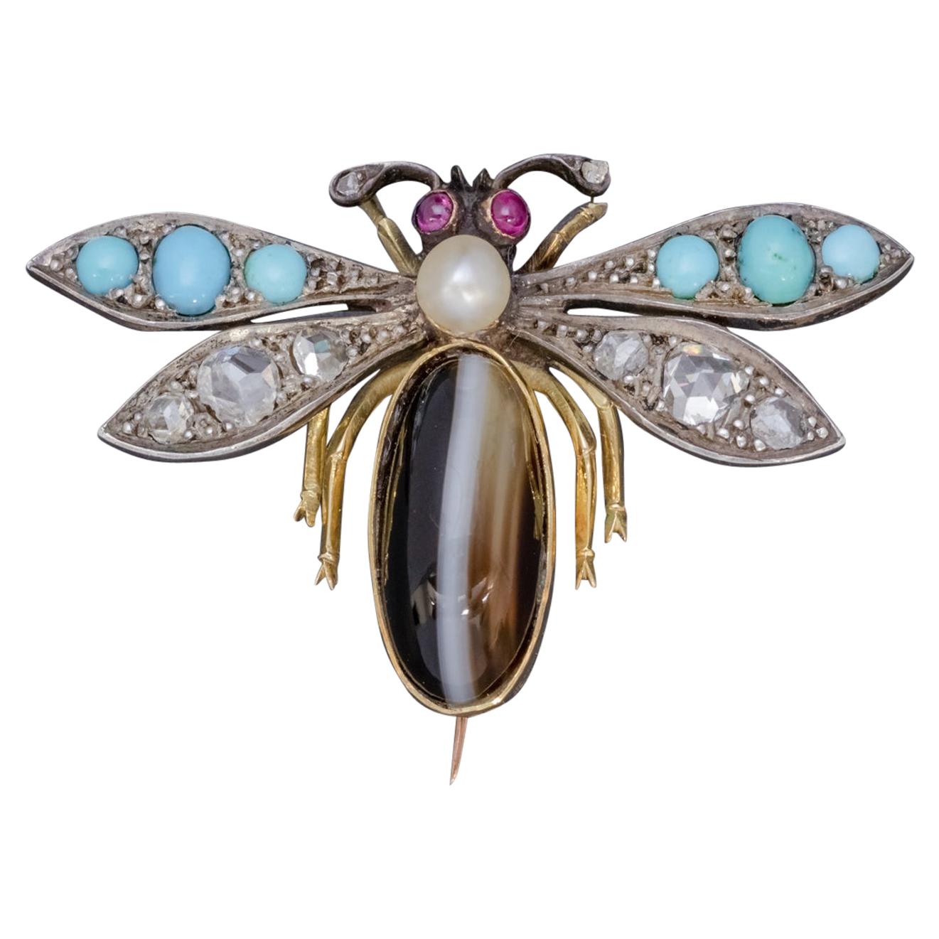 Victorian Insect Brooch Diamond Turquoise Pearl Agate Silver 18 Carat Gold