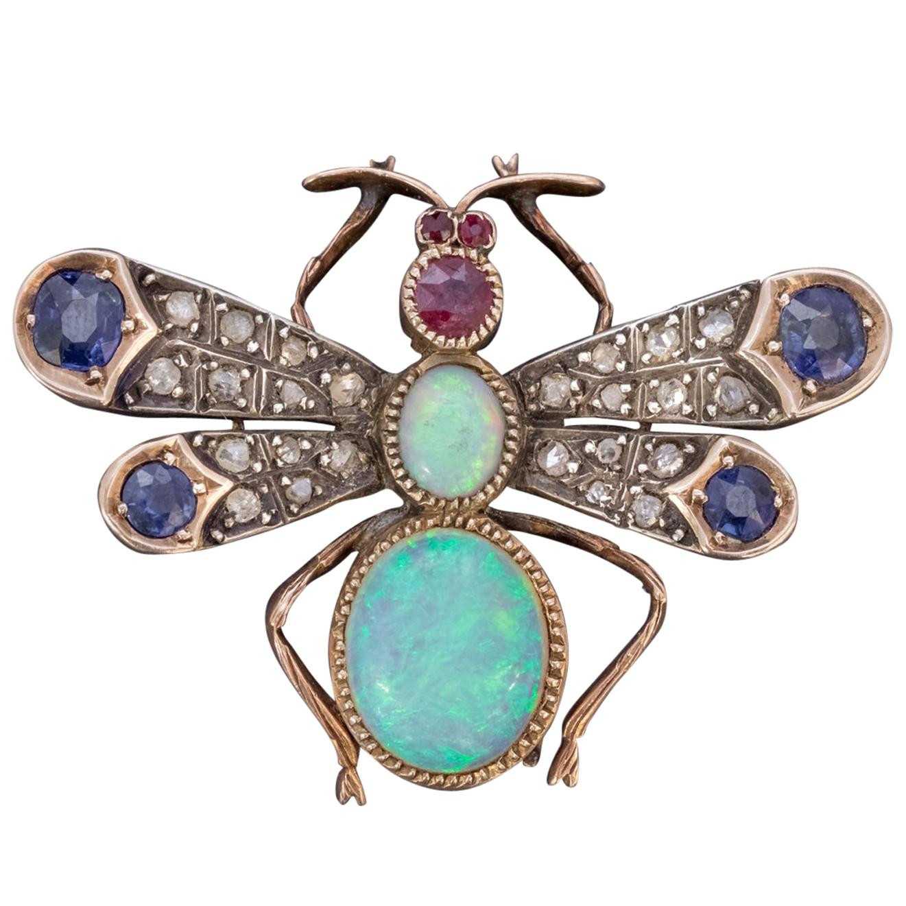 Victorian Insect Brooch Opal Diamond Ruby Sapphire 18 Carat Gold, circa 1880 For Sale