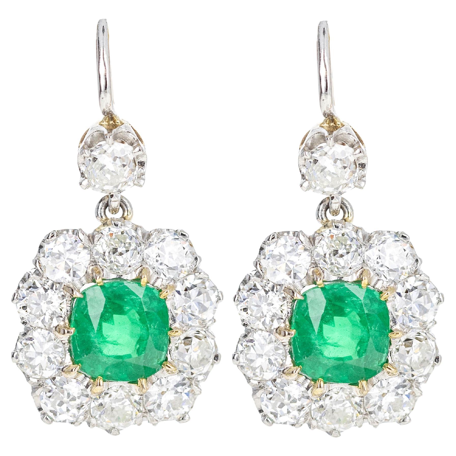 Victorian Inspired 18K Gold & Platinum 2.65 Carat Emerald Diamond Halo Earrings