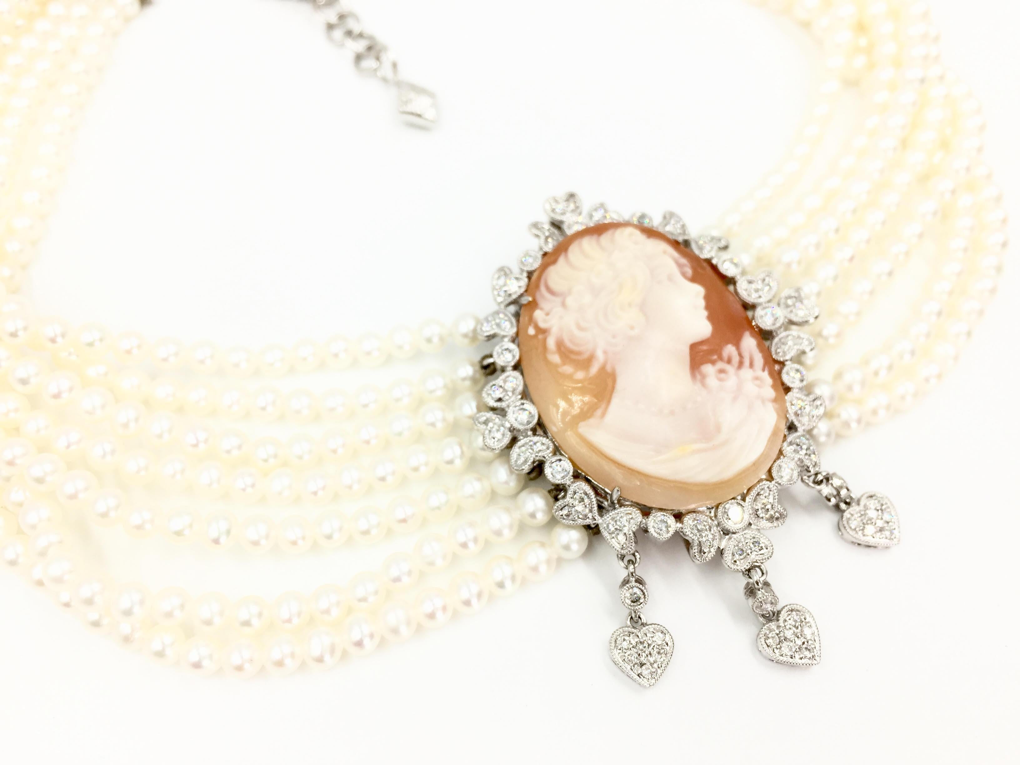 Victorian Inspired Cameo, Diamond and Pearl 18 Karat Choker Necklace In Excellent Condition In Pikesville, MD