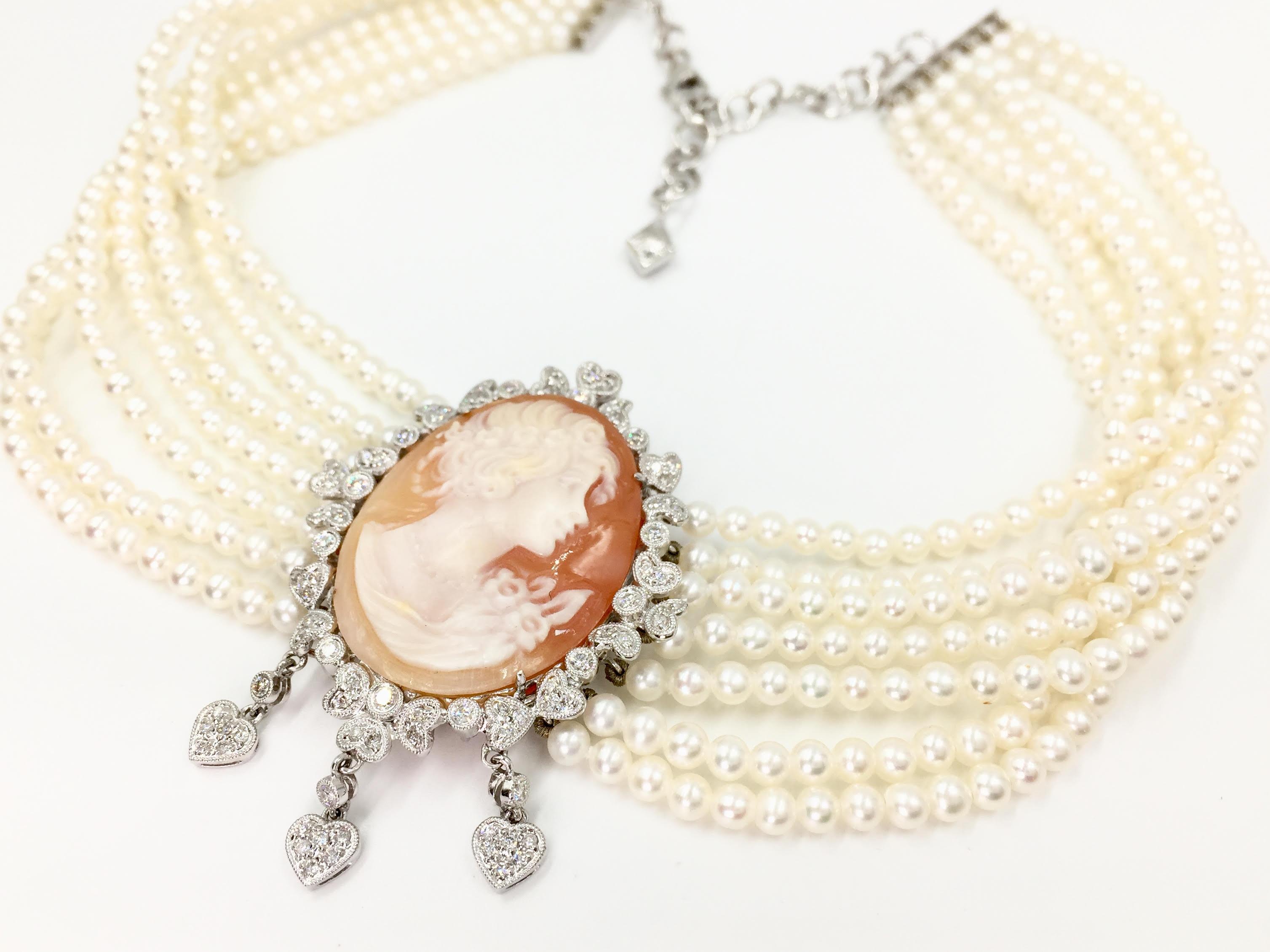 Women's Victorian Inspired Cameo, Diamond and Pearl 18 Karat Choker Necklace