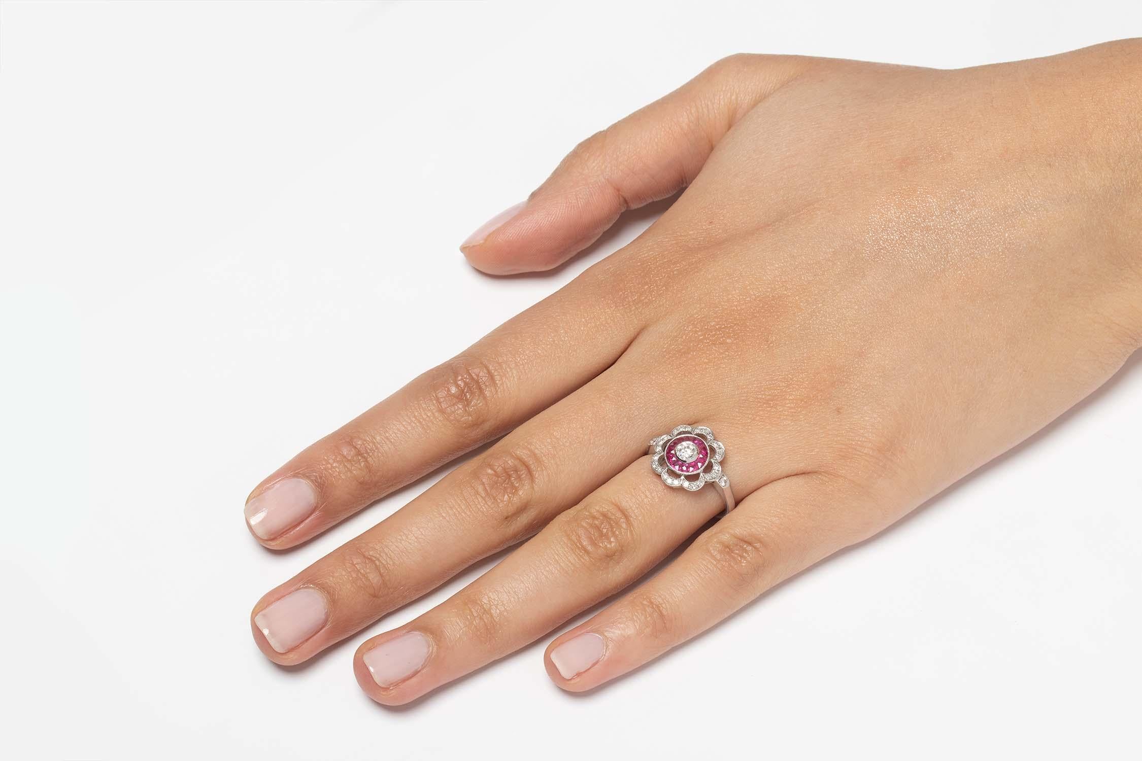 Round Cut Victorian-Inspired Diamond and Ruby Daisy Cluster Ring