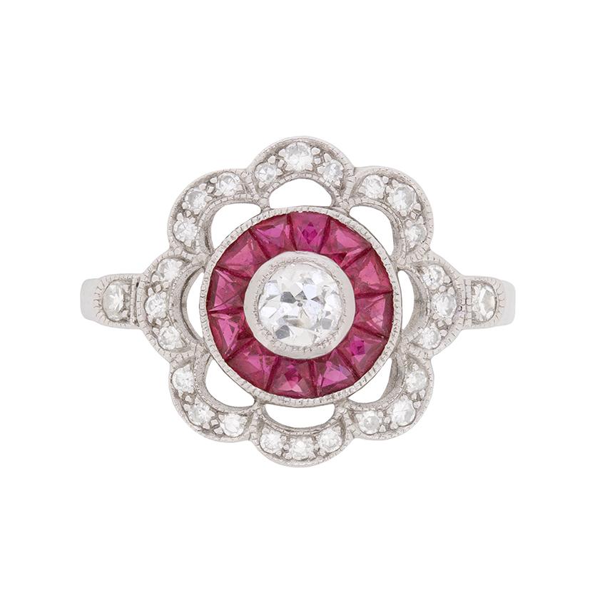 Victorian-Inspired Diamond and Ruby Daisy Cluster Ring