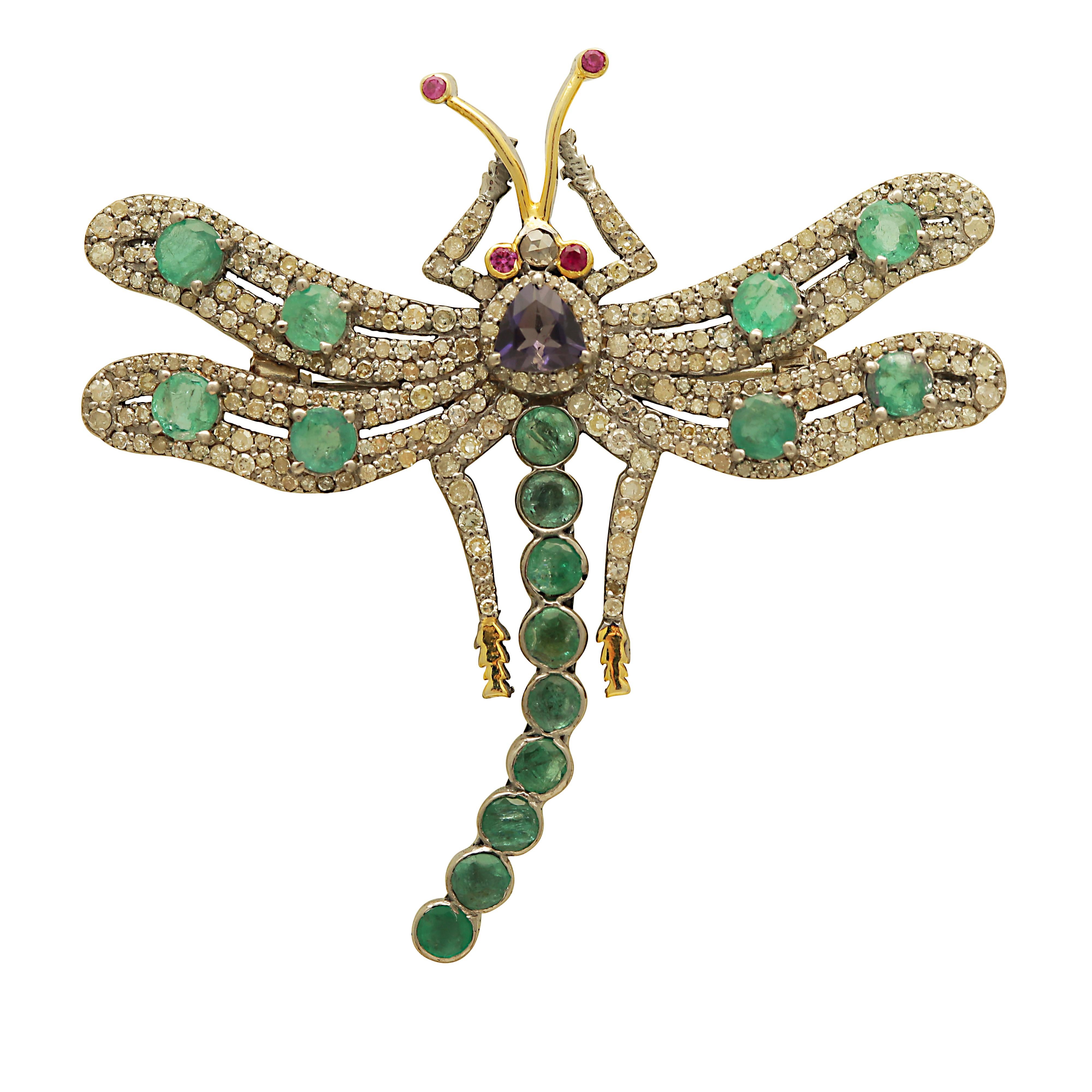 Victorian Inspired Dragonfly Brooch/Pendant with Diamond, Emerald & Iolite