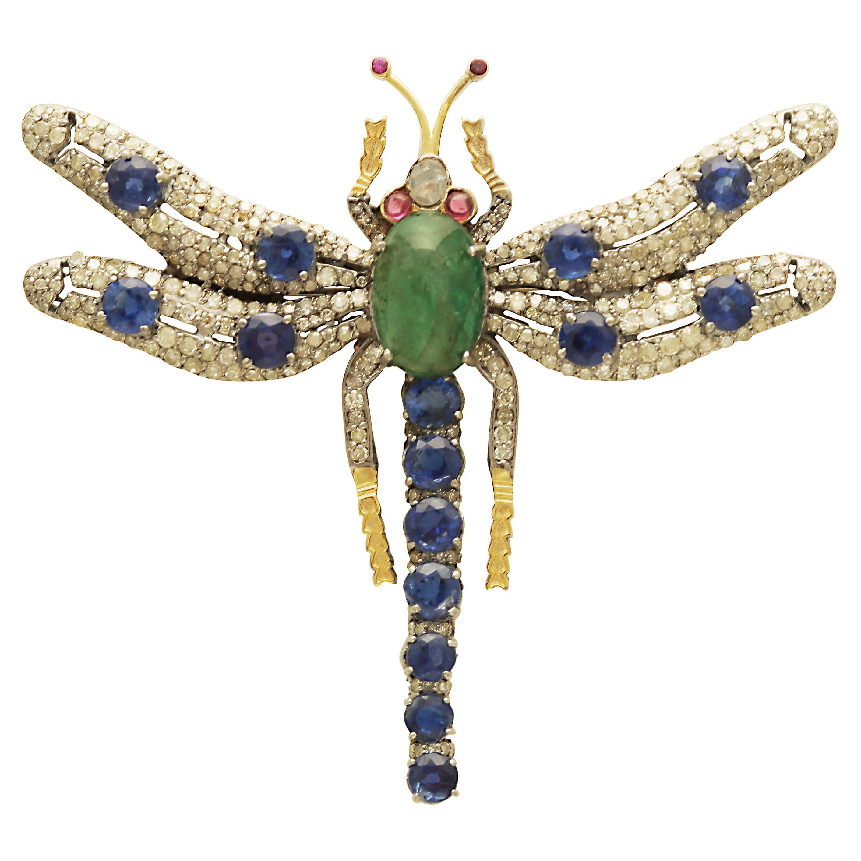 Victorian Inspired Dragonfly Brooch/Pendant with Diamond, Emerald & Kyanite