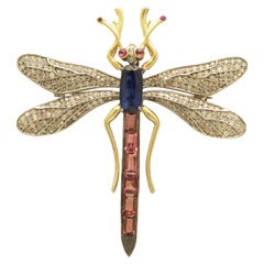 Victorian Inspired Dragonfly Brooch/Pendant with Diamonds, Kyanite & Turmoline