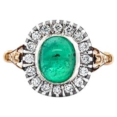 Victorian Inspired Emerald Cabochon Diamond 18 Karat Gold Ring