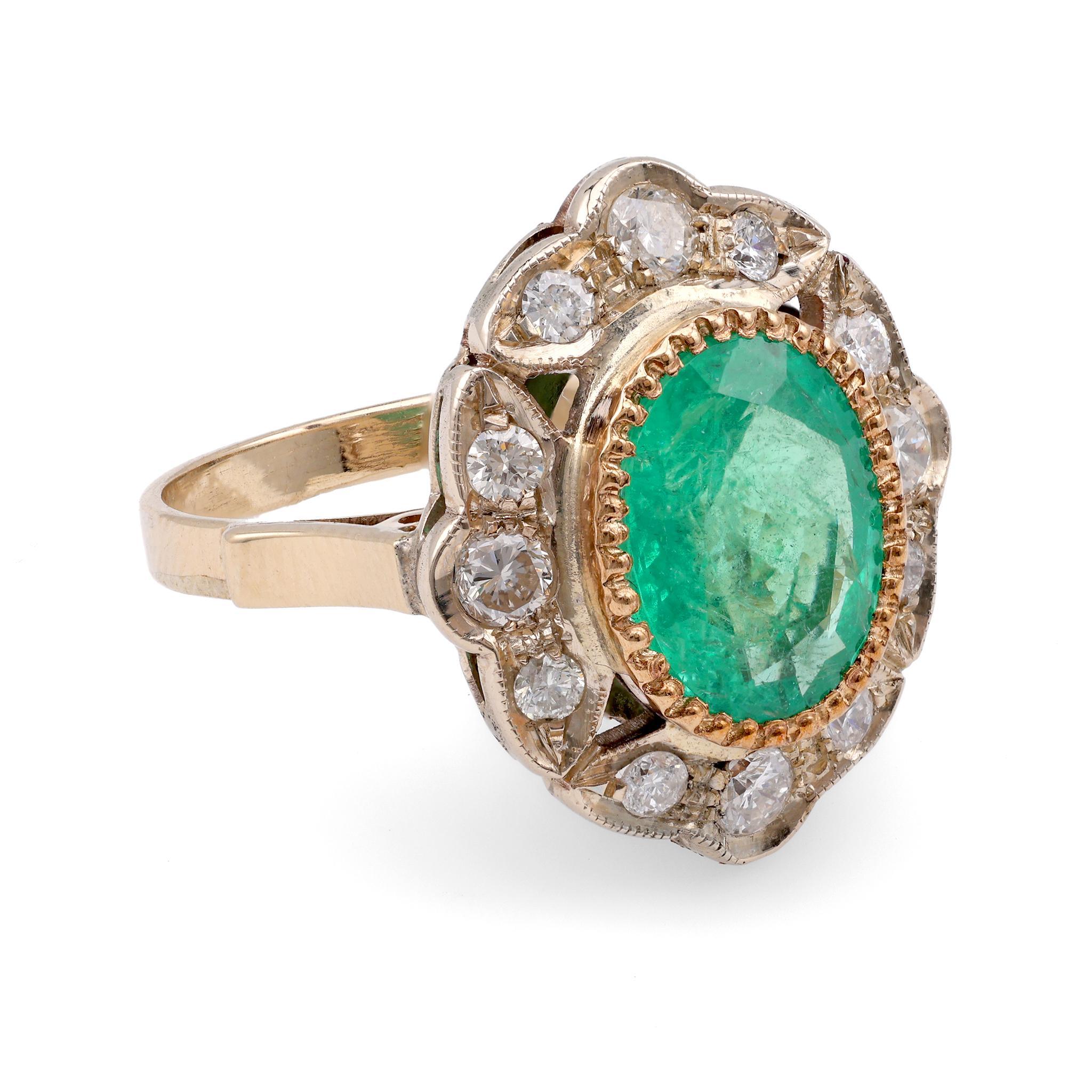 Oval Cut Victorian Inspired Emerald Diamond Yellow & White Gold Ring