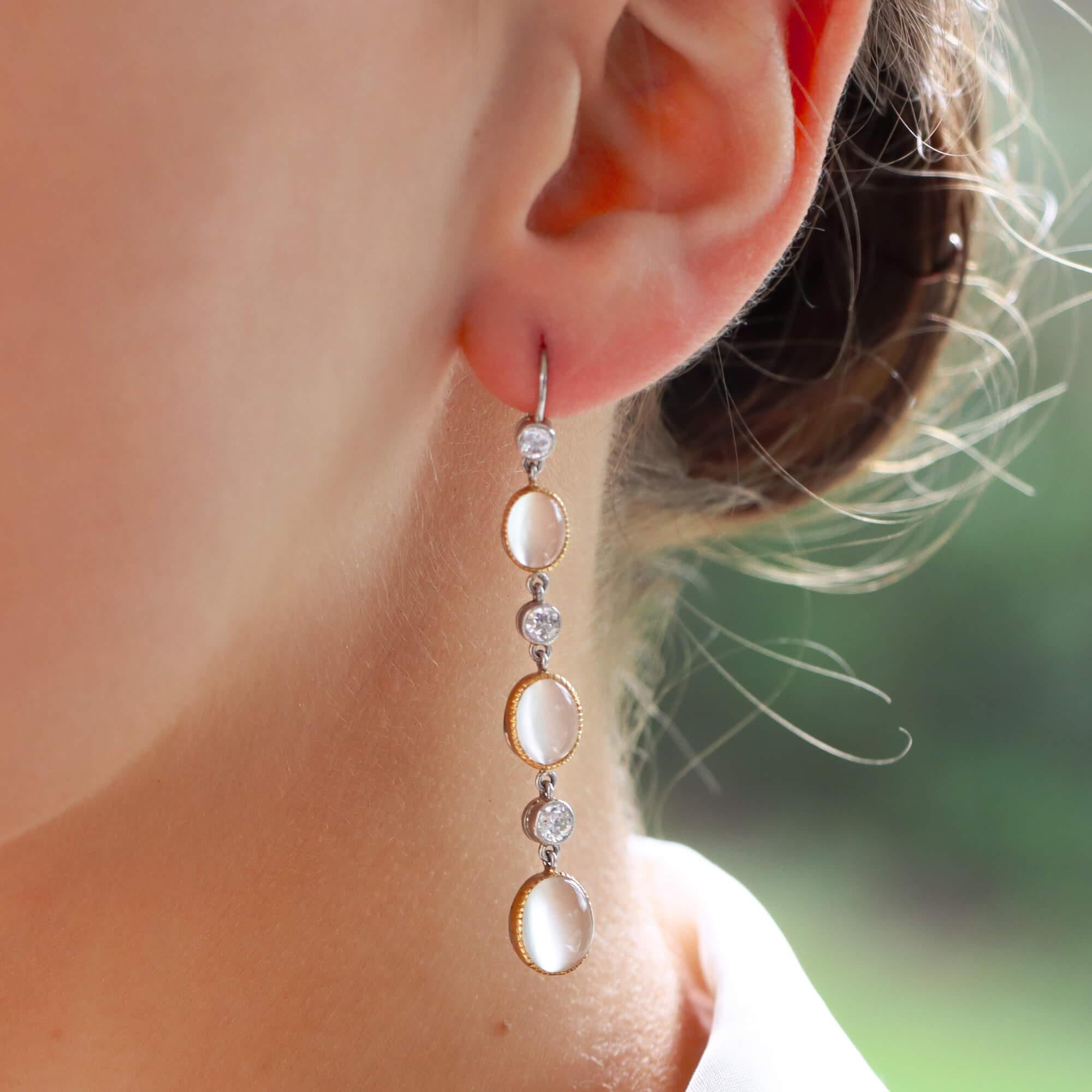 Modern Victorian Inspired Moonstone and Diamond Drop Earrings For Sale