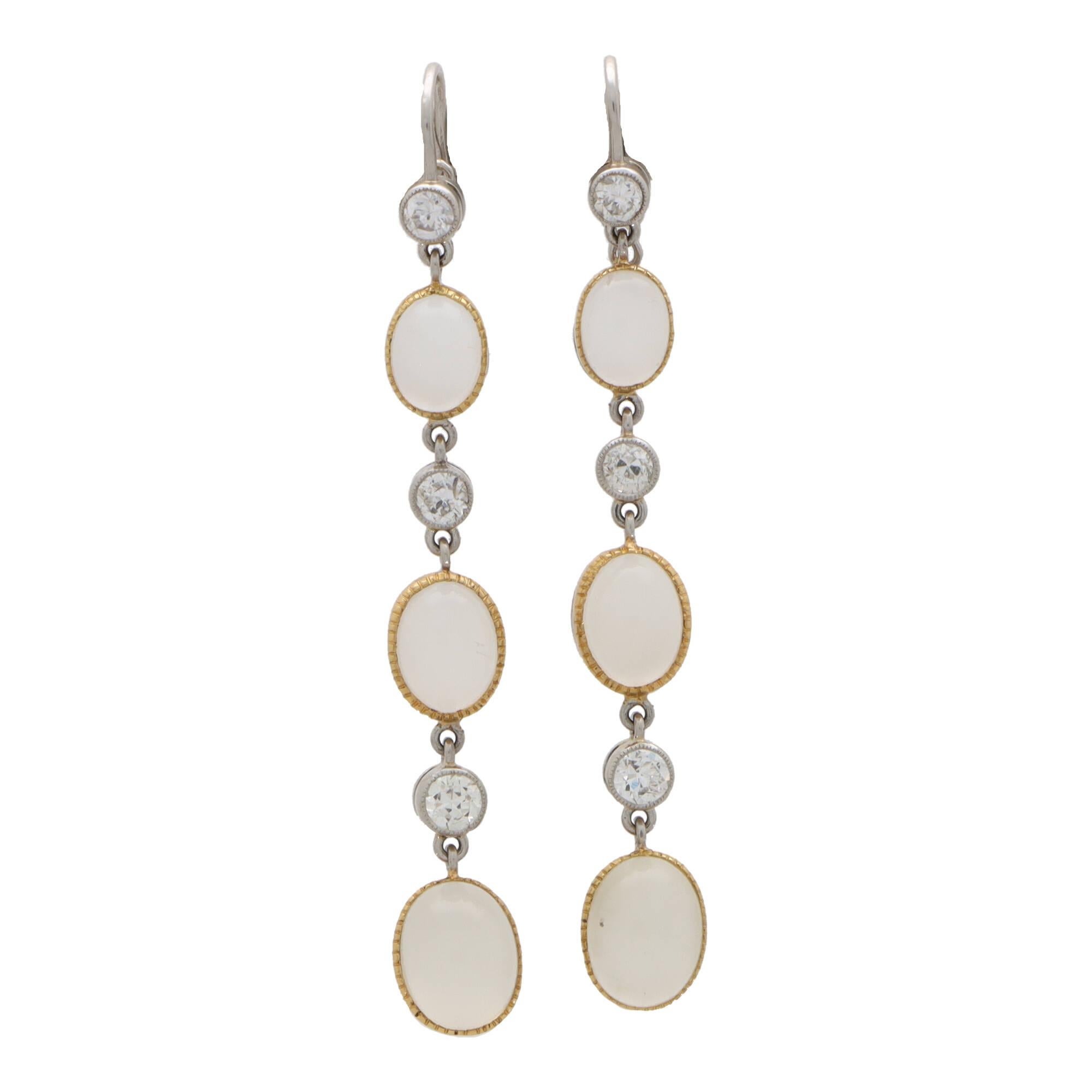 Women's or Men's Victorian Inspired Moonstone and Diamond Drop Earrings For Sale