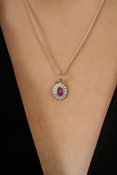 Victorian-Inspired Oval Red Ruby & Diamond Halo Charm Pendant in 14K White Gold