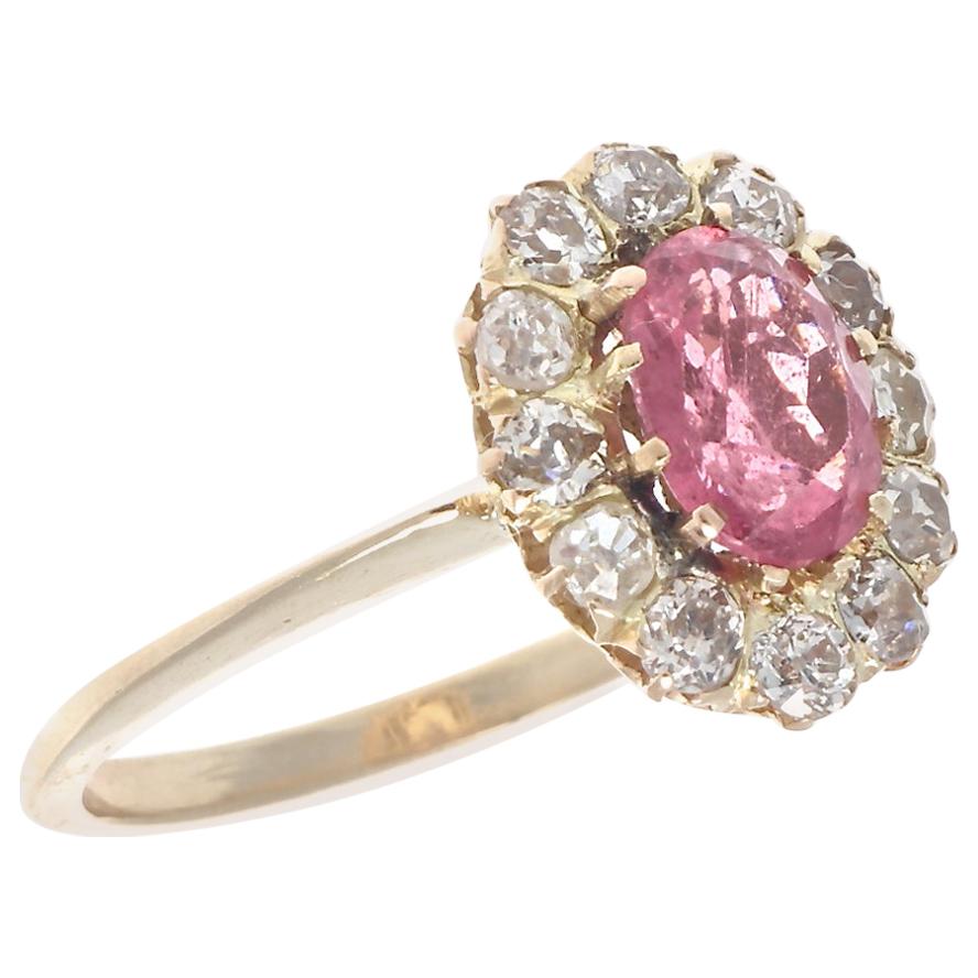 Victorian Inspired Pink Tourmaline Diamond Gold Ring