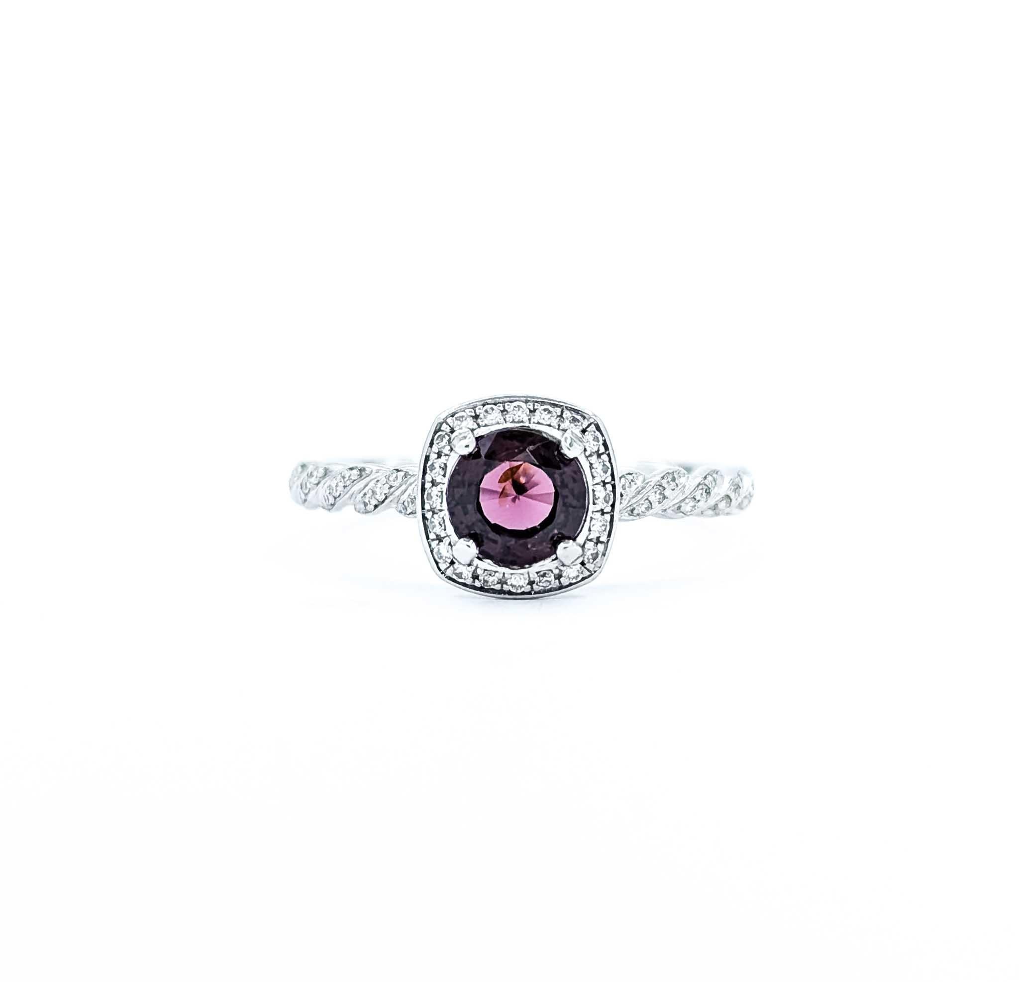 Victorian-Inspired Raspberry Spinel and Diamond 14k White Gold Braided Ring For Sale 4