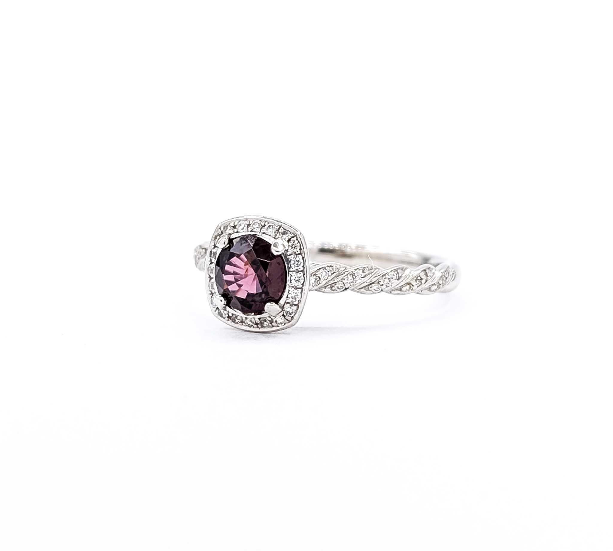 Contemporary Victorian-Inspired Raspberry Spinel and Diamond 14k White Gold Braided Ring For Sale