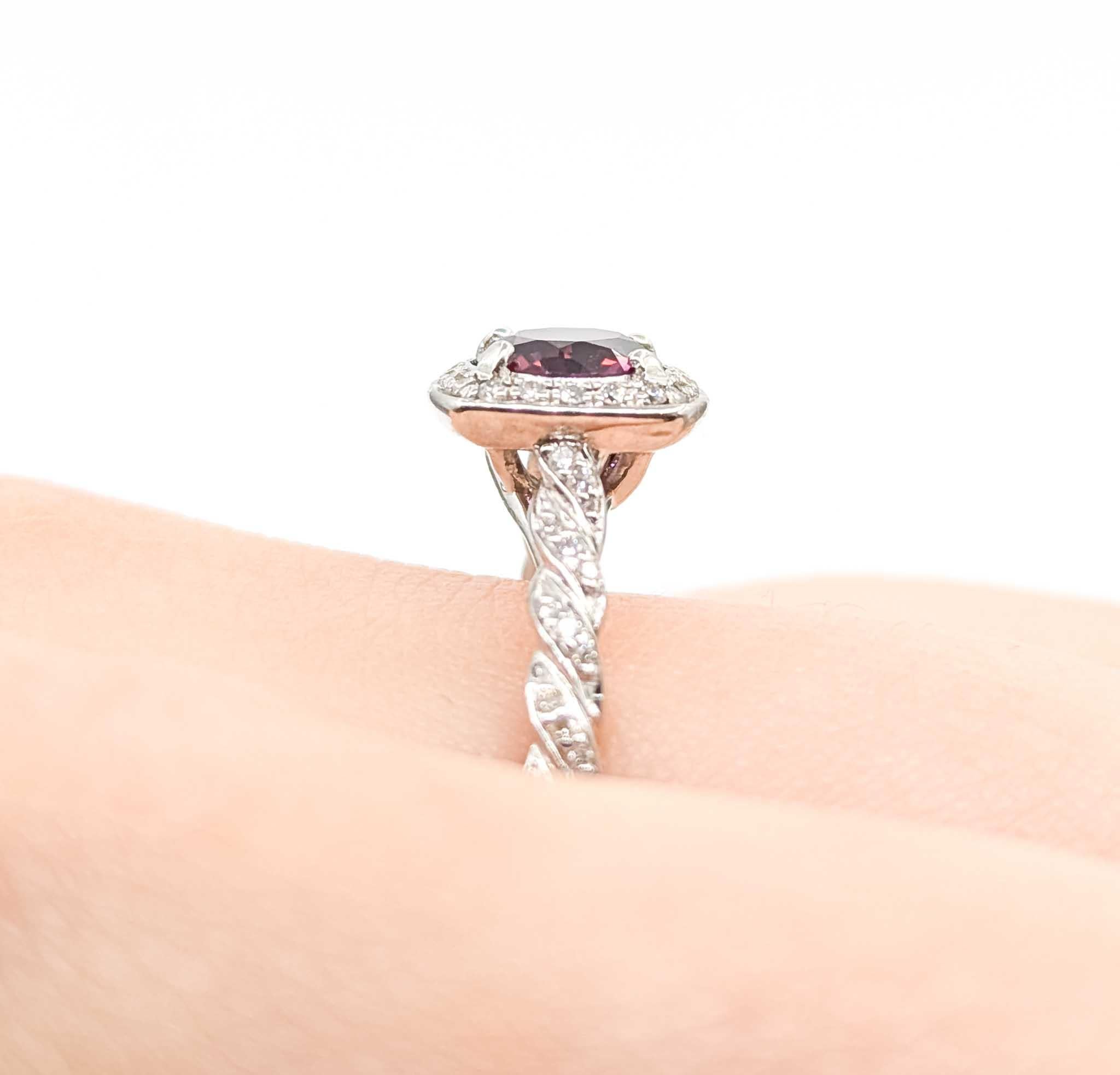 Cushion Cut Victorian-Inspired Raspberry Spinel and Diamond 14k White Gold Braided Ring For Sale