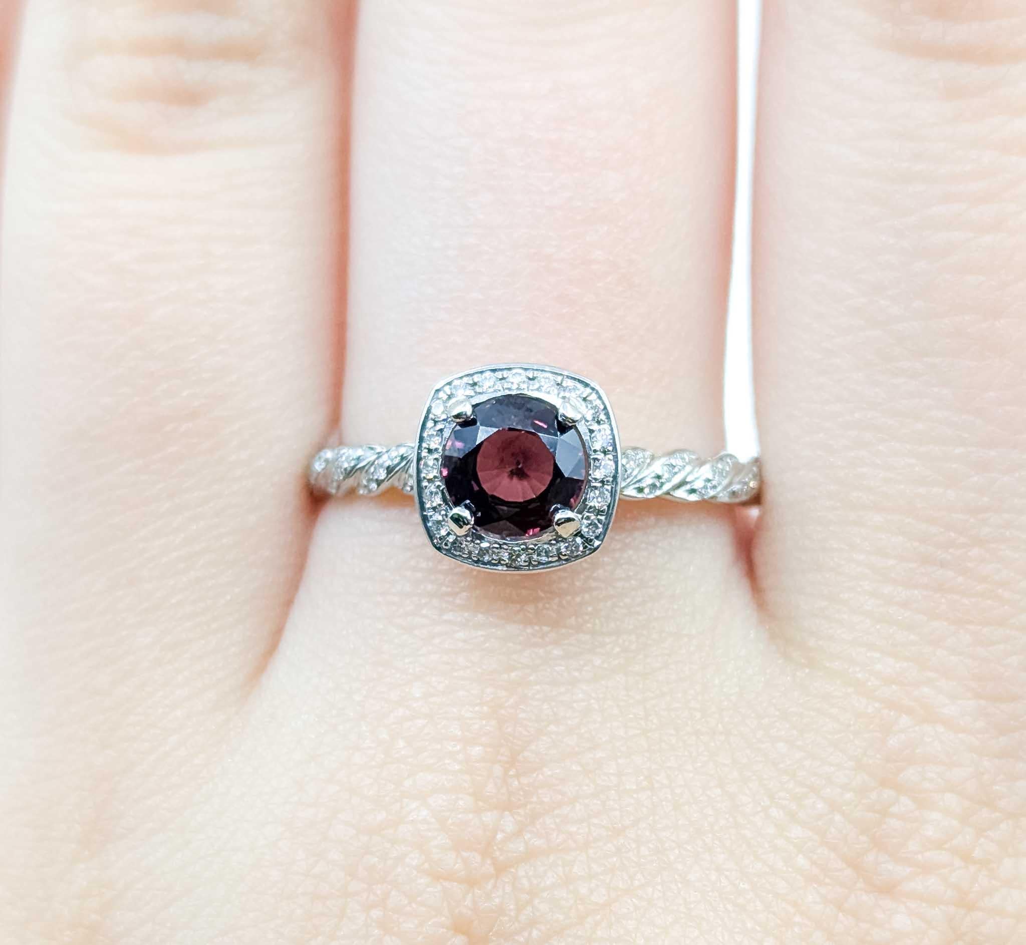 Women's Victorian-Inspired Raspberry Spinel and Diamond 14k White Gold Braided Ring For Sale