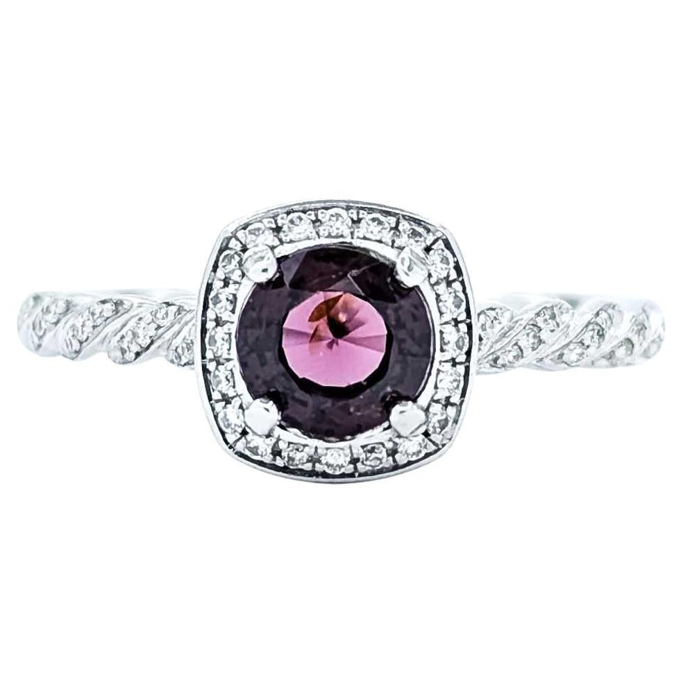 Victorian-Inspired Raspberry Spinel and Diamond 14k White Gold Braided Ring