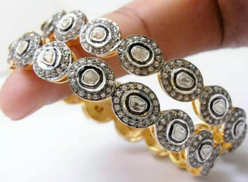Victorian Inspired Rose Cut Diamond 925 Silver Bangle Bracelet In New Condition For Sale In Chicago, IL