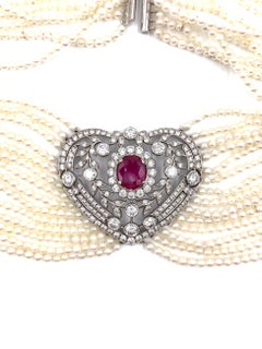 Victorian Inspired Ruby and Diamond Heart Shape Pearl Choker Necklace