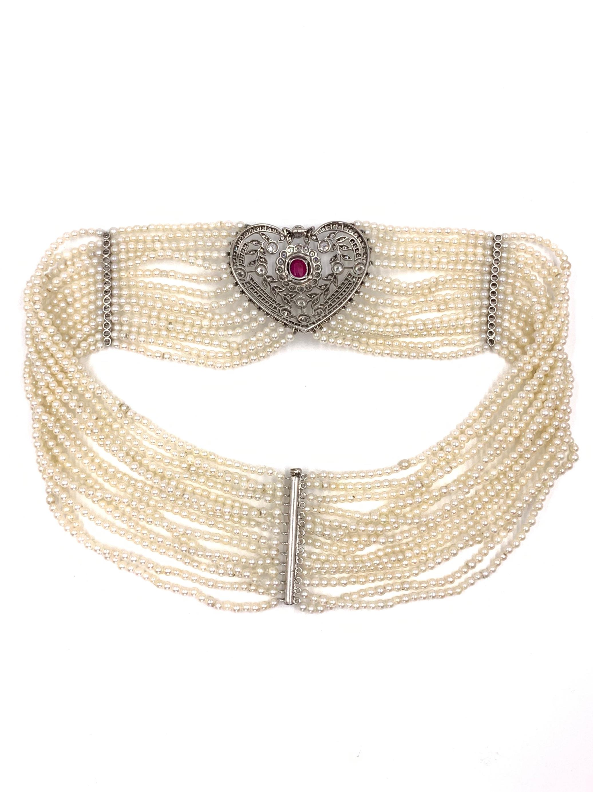 Victorian Inspired Ruby and Diamond Heart Shape Pearl Choker Necklace In Good Condition For Sale In Pikesville, MD