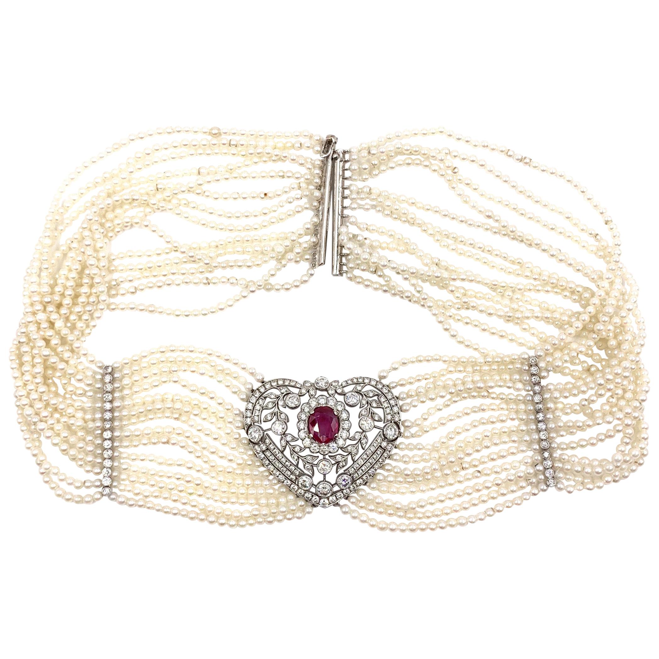 Victorian Inspired Ruby and Diamond Heart Shape Pearl Choker Necklace For Sale