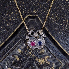 Victorian Inspired Sapphire and Ruby Double Heart Diamond Cluster Necklace