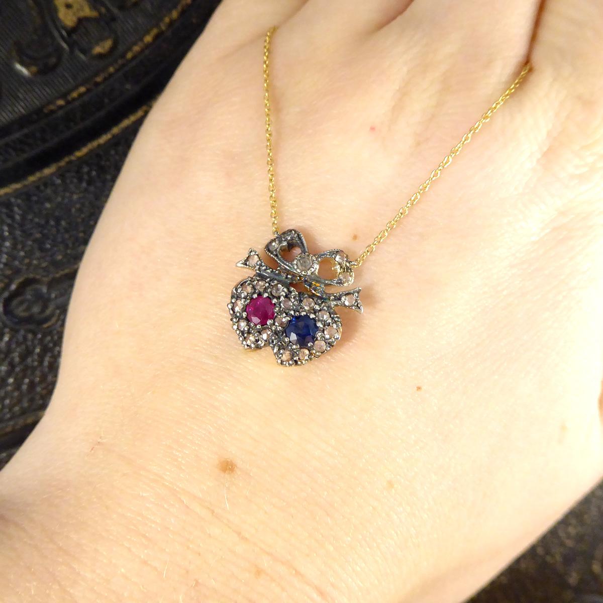 Women's or Men's Victorian Inspired Sapphire and Ruby Double Heart Diamond Cluster Necklace For Sale