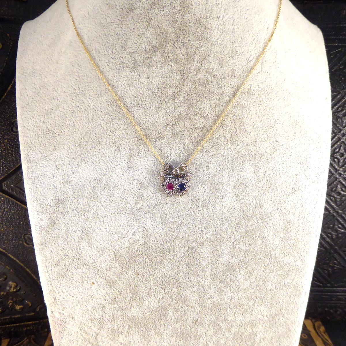 Victorian Inspired Sapphire and Ruby Double Heart Diamond Cluster Necklace For Sale 1