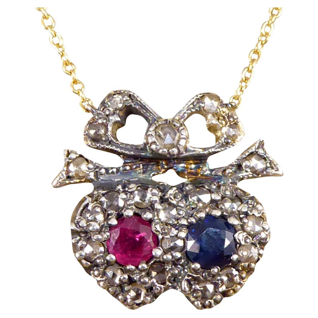 Victorian Inspired Sapphire and Ruby Double Heart Diamond Cluster Necklace For Sale